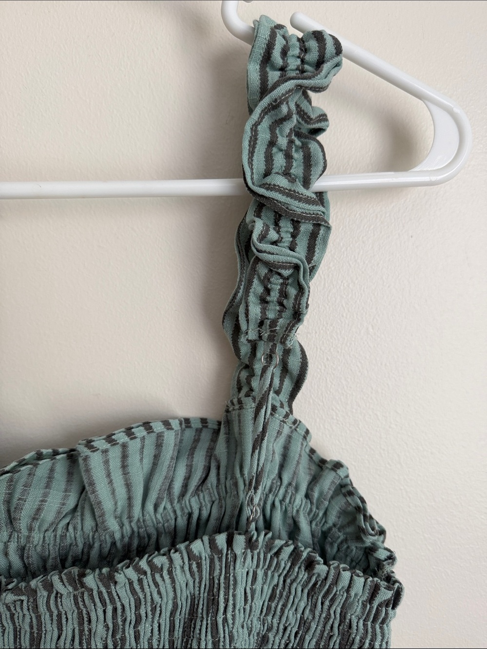 Smocked Ruffle Striped Tank Top - Sage/Teal Green with Charcoal Stripes - Picture 7 of 11